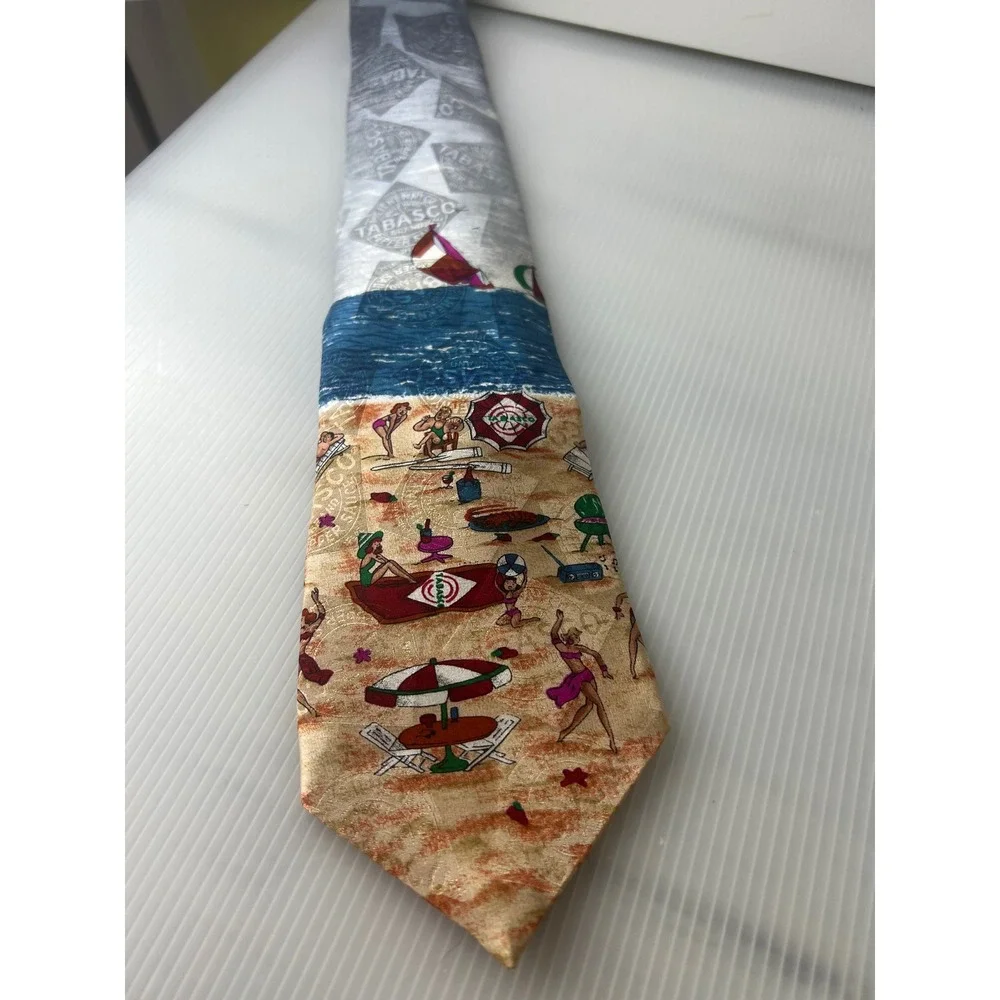 Tabasco Mens Silk Tie Beach Scene Sailboat Novelty Necktie Blue Grey Made in USA